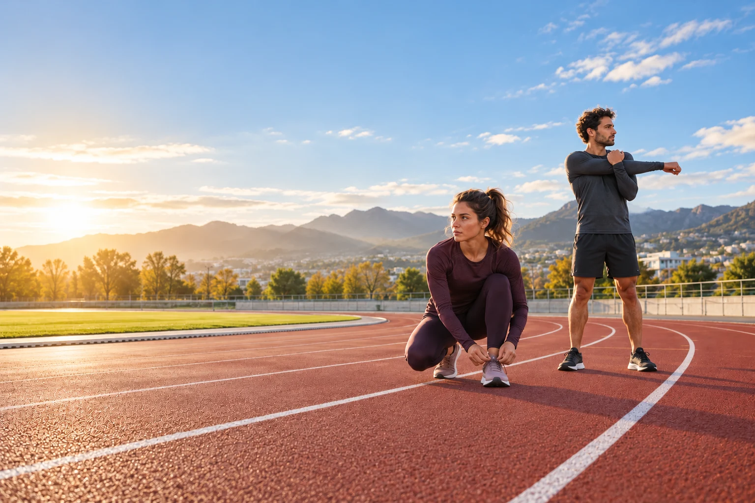 Zwei Sportler bereiten sich auf einer Laufbahn auf ihr Training vor